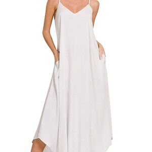 Zenana Boho Summer Breeze Bone White Woven Arc Hem Pockets Cami Midaxie